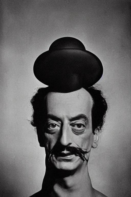 Prompt: photo portrait of dali, head centered portrait, enigmatic, smiling, head in focus, shot with hasselblad, 5 0 mm lens, photography, very soft diffuse lights, by yousuf karsh and man ray, fine film grain, dark smoky background