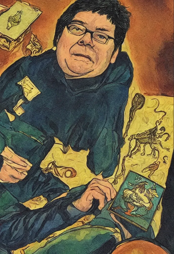 Prompt: Yann LeCun on a tarot card, illustrated on the Rider–Waite tarot.