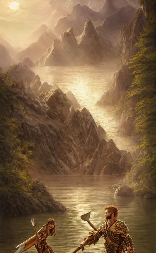 Image similar to lake godness holding gold axe and sliver axe, highly detailed, d & d, water everwhere fantasy, highly detailed, digital painting, trending on artstation, concept art, sharp focus, global illumination, ray tracing, illustration, art by artgerm and greg rutkowski and fuji choko and viktoria gavrilenko and hoang lap