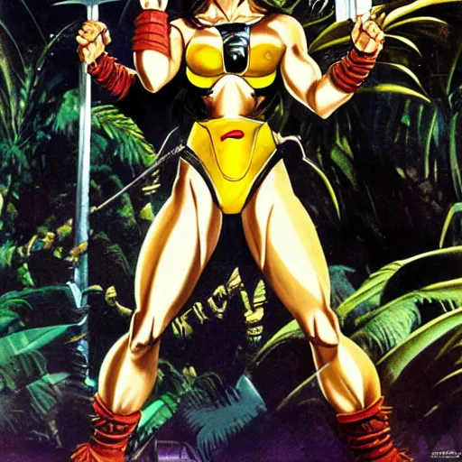 Image similar to 23-year-old muscular warrior girl wearing chrome silver armor, electrified hair, wild spiky black Saiyan hair, wild black hair, yellow eyes, tropical, palm trees, chrome buildings, futuristic base, 1987, Frank Frazetta, pulp art, video game box art, hyper detailed