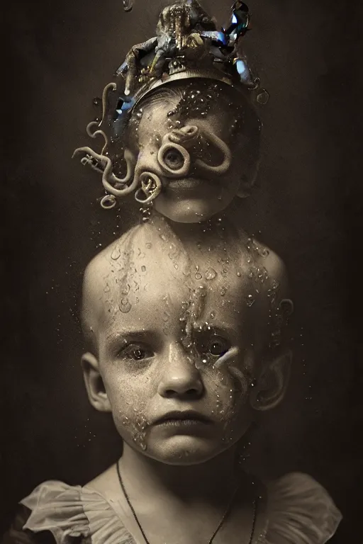 Image similar to wet plate photograph portrait of child with an octopus head, dressed in a victorian - era clothing, dramatic lighting, highly detailed, digital painting, artstation, concept art, smooth, sharp focus, illustration, art by wlop, mars ravelo and greg rutkowski