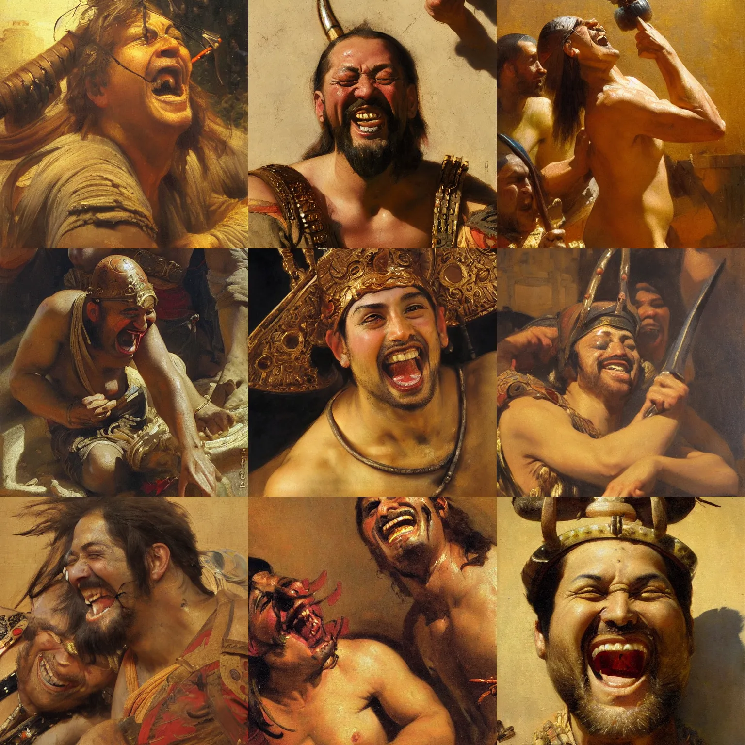 Prompt: orientalism painting of a drunk warrior laughing face detail by theodore ralli and nasreddine dinet and anders zorn and edwin longsden long, bronze age, sword and sorcery, oil on canvas, masterful intricate artwork, excellent lighting, high detail 8 k