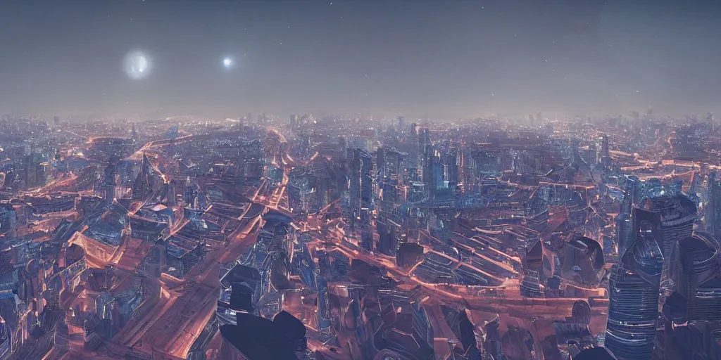 Image similar to cinematic shot of a cityscape futuristic antigravity saint petersburg city in the moon, russian orbit city, telephoto, golden mood, iconic scene from the paranoid thriller sci fi film directed by stanley kubrick, anamorphic cinematography, beautiful composition, color theory, leading lines, photorealistic, moody volumetric lighting