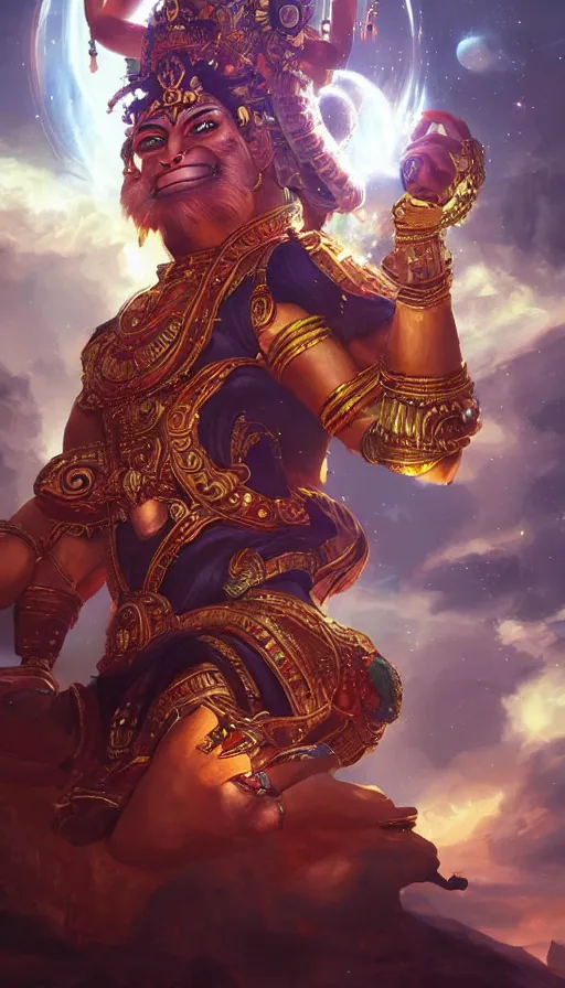 Prompt: techno artwork, with unreal engine. hanuman gets together with the gods against the background of the universe. highly detailed, volumetric lighting, sharp focus, bokeh, trending on art station, digital painting by wlop, rossdraws, artgerm.