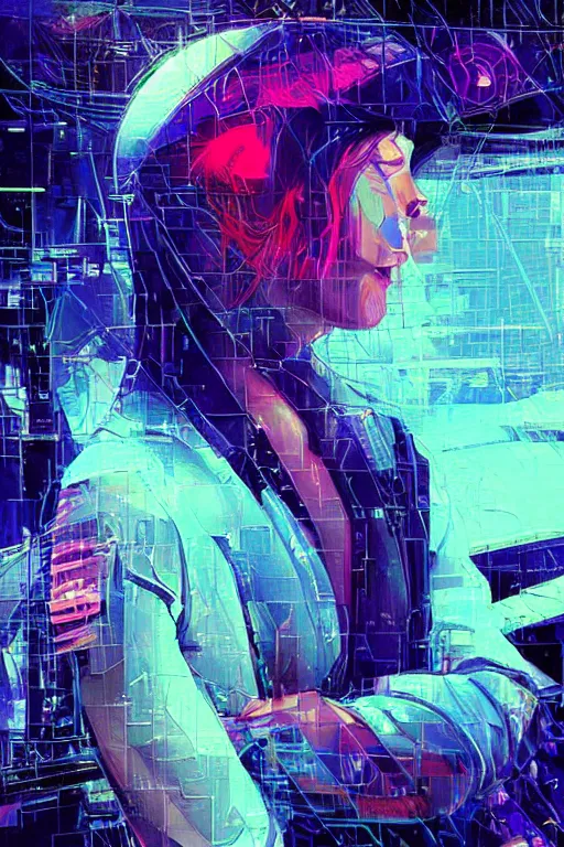 Prompt: fisheye portrait, digital painting, an beautiful, crazy hacker girl, lost in broken code, synthwave, glitch!!, fractured reality, refraction, realistic, hyperdetailed, night rain, wet, concept art, art by syd mead, cubism