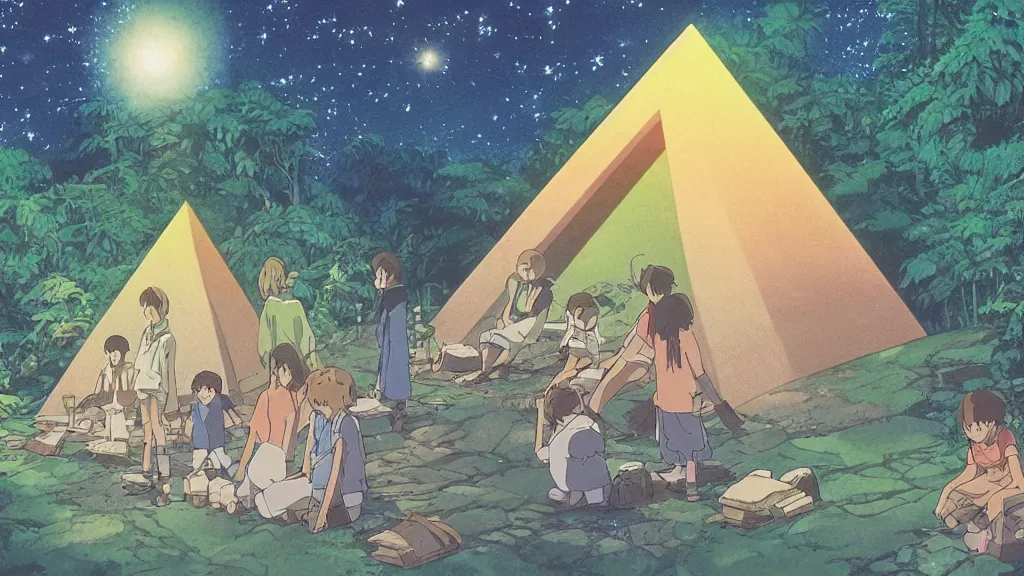 Prompt: a movie still from a studio ghibli film showing a glowing pyramid in the rainforest. a group of giant wizards meditate outside on a misty and starry night. by studio ghibli