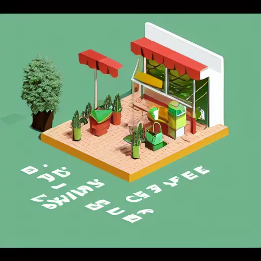 Image similar to isometric cartoon of minimalist shop cafe decorated with a few cannabis 🪴 leaf planters. by benoit b. mandelbrot, render pixar palette