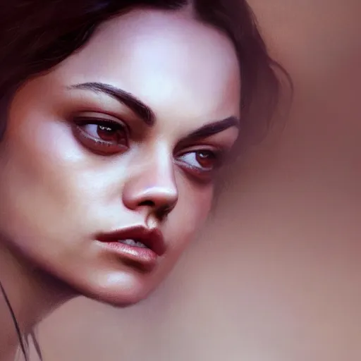 Image similar to mila kunis closeup portrait, dramatic light, lake background, 2 0 0 mm focal length, painted by stanley lau, painted by greg rutkowski, painted by stanley artgerm, digital art, trending on artstation