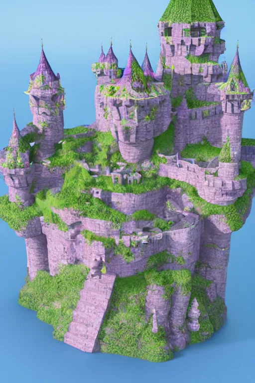 Image similar to multi level fairy castle, calm, tranquil, faded effect, detailed, vaporwave colors, render by substance designer