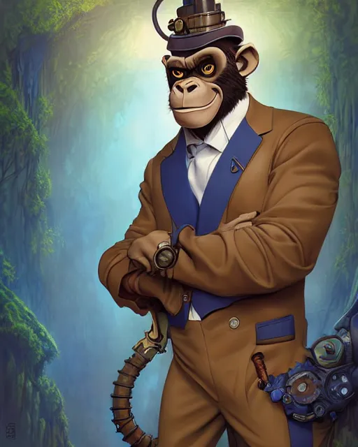 Image similar to don bluth, loish, artgerm, joshua middleton, steampunk, clockpunk anthropomorphic gorilla, full blue suit, smiling, symmetrical eyes symmetrical face, colorful animation forest background