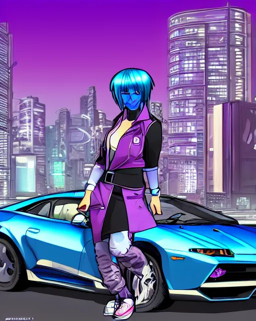 Image similar to cel shaded art of a pretty blue haired girl standing next to a purple lamborghinil, jet grind radio graphics, cyberpunk city street background