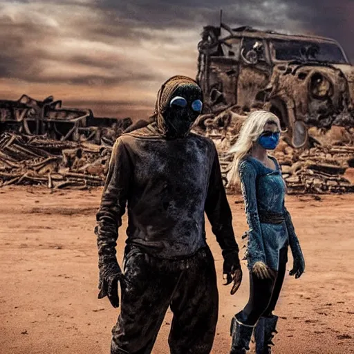 Image similar to a very huge, very big masked mutant man standing next to a very small blonde woman, they are staring at the horizon where there are the ruins of a city, postapocalyptic, mad max style, movie still