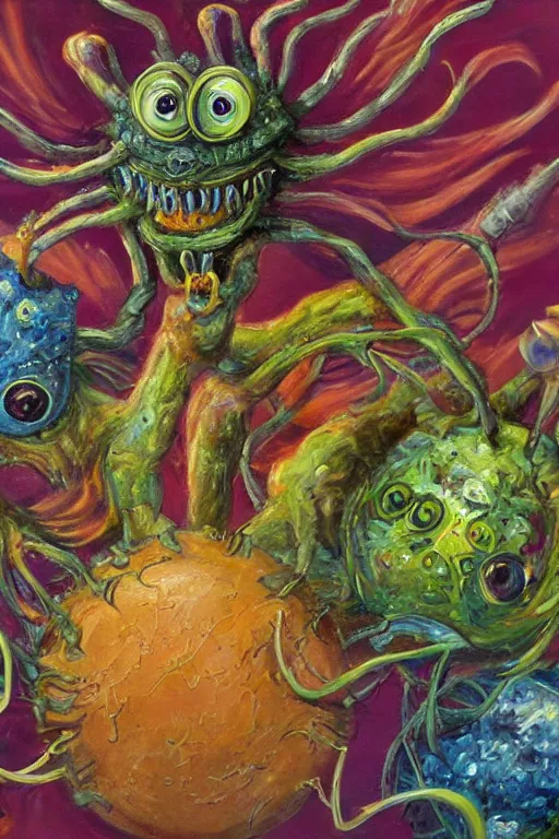 Image similar to oil painting, close-up, hight detailed, creature with six eyes and tubes with flowers everywhere at red planet, in style of 80s sci-fi art, neodada