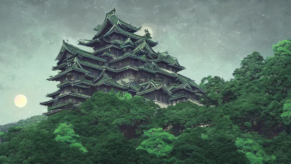 Image similar to beautiful green japanese castle in front of mountainous background with just a few trees, dark sky full moon, whimsical surrealism, 8 k, subsurface scattering, intricate geometry, fantastical setting, otherwordly, by greg rutkowski