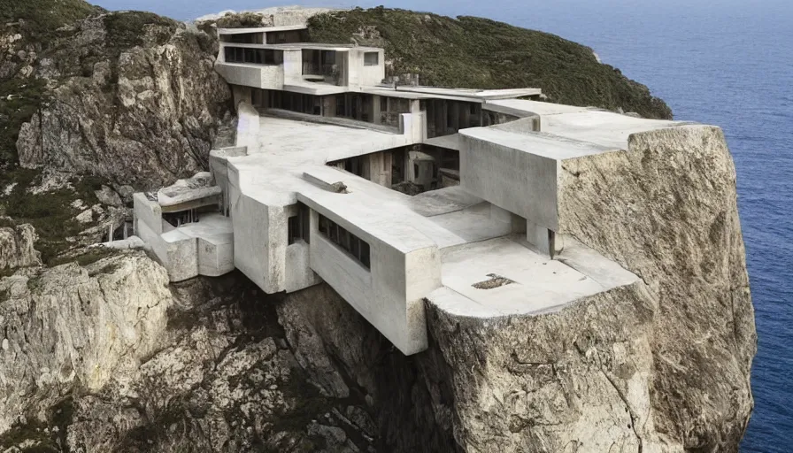 Prompt: brutalist base perched on a cliff overlooking a magnificient bay, drawing architecture, fog horizon, pritzker architecture prize, greig fraser