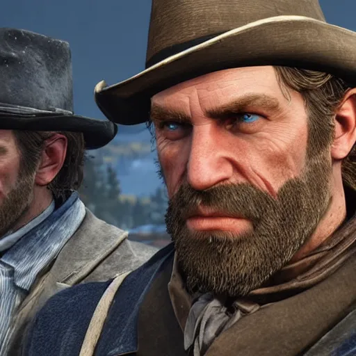 Image similar to arthur from rdr 2 high detailed face in russia reality 2 0 2 0 at russia, tolyatti sportivnaia street 7, cars, snow, buildings photorealism