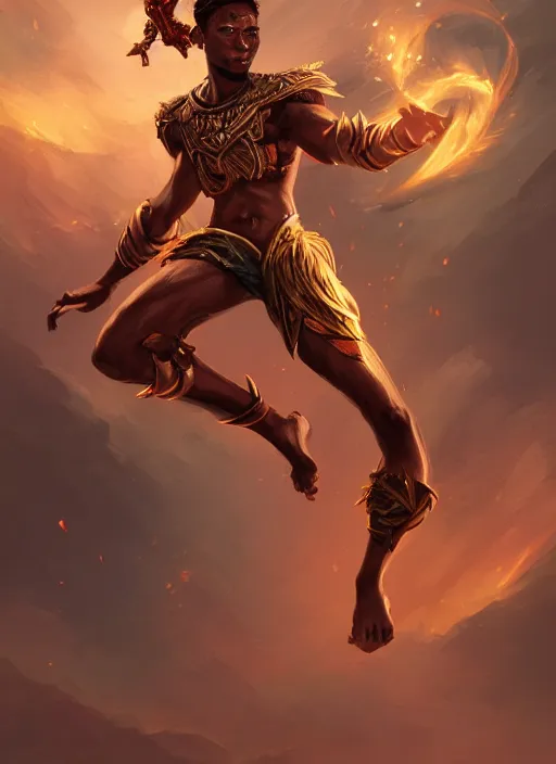Image similar to a highly detailed illustration of attractive young african fire god with short hair, heroic jumping pose, intricate, elegant, highly detailed, centered, digital painting, artstation, concept art, smooth, sharp focus, league of legends concept art, wlop