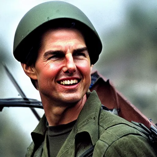 Prompt: Tom Cruise as a soldier in Vietnam, award winning historical photograph