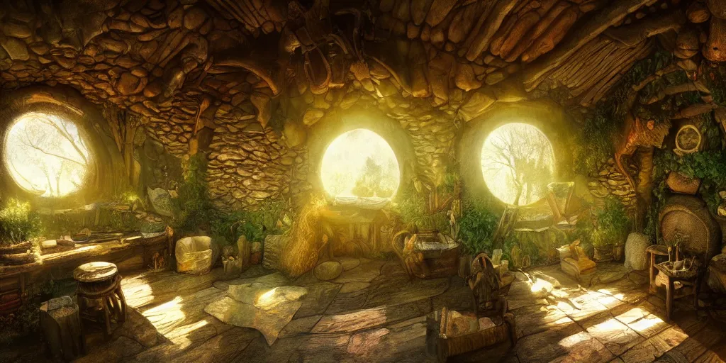 Prompt: Interior of a Hobbit home, golden hour, detailed matte painting, cinematic, Alan Lee, Artstation