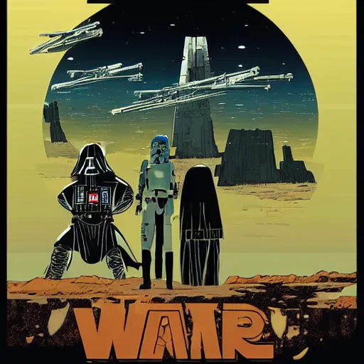 Image similar to Star Wars landscape in the style of comic artist Moebius, minimalist, poster