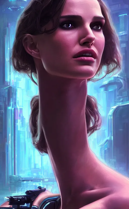 Image similar to portrait of Natalie Portman as a character in arabian Cyberpunk 2077, looking at camera, intricate, dystopian, sci-fi, extremely detailed, digital painting, artstation, concept art, smooth, sharp focus, illustration, intimidating lighting, incredible art by artgerm and greg rutkowski and alphonse mucha and simon stalenhag