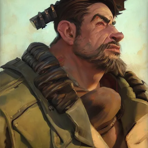 Image similar to greg manchess close - up portrait painting of a ruggedly handsome male dieselpunk orc with olive green skin as an overwatch character, medium shot, asymmetrical, profile picture, organic painting, sunny day, matte painting, bold shapes, hard edges, street art, trending on artstation, by huang guangjian and gil elvgren and sachin teng