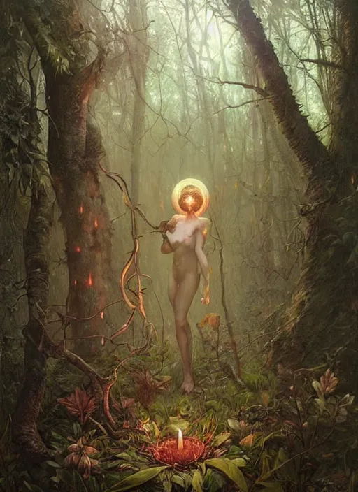 Image similar to a hyper realistic witch shrine, candles, in the woods, distant explosions, gorgeous lighting, lush forest foliage, painting by chiara bautista and tom bagshaw, mucha, beksinski and norman rockwell and greg rutkowski weta studio, and lucasfilm