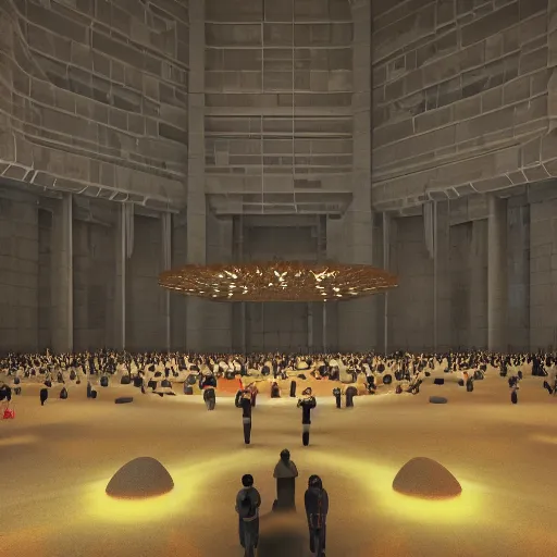 Prompt: octane render, inside the grand hall of a stunning giant huge brutalist cement palace, a giant floating screaming face made out of swirling colorful glowing particles, a huge crowd of people in black cult robes kneeling down, cinema 4 d, volumetric lighting and shadows, fog, moody, atmospheric, 8 k