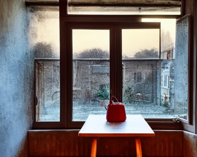 Prompt: a kitchen with a window and a table in front of it, a still life by bencho obreshkov, unsplash, dau - al - set, soft light, hdr, nightscape