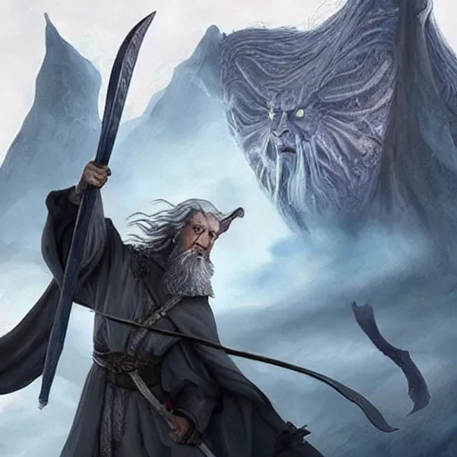 Image similar to Selfie taken by an overconfident Gandalf the Grey on the Bridge of Khazad Dum, a balrog looming in the background,