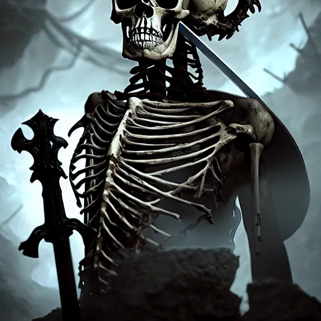 Prompt: realistic photo of a skeletal ghostly pirate head and torso, holding a sword and standing in a grotto, dark, brooding, paul carrick, atmospheric lighting, intricate, ultra detailed, well composed, best on artstation, cgsociety, epic, stunning, gorgeous, intricate detail, wow, masterpiece