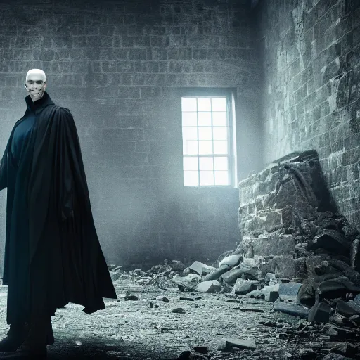 Prompt: Portrait of Voldemort standing in front of the ruins of an apartment, cinematic photography, HD, eerie