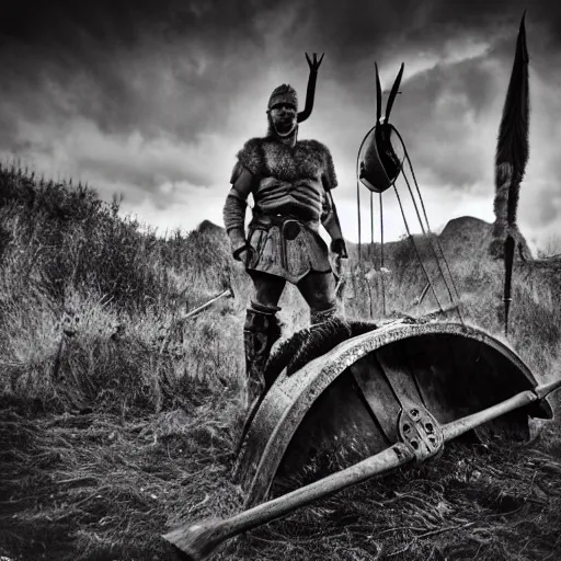 Image similar to viking in war armor working on the flying ancient device, tools and junk on the ground, old village in the distance, vintage old photo, black and white, sepia