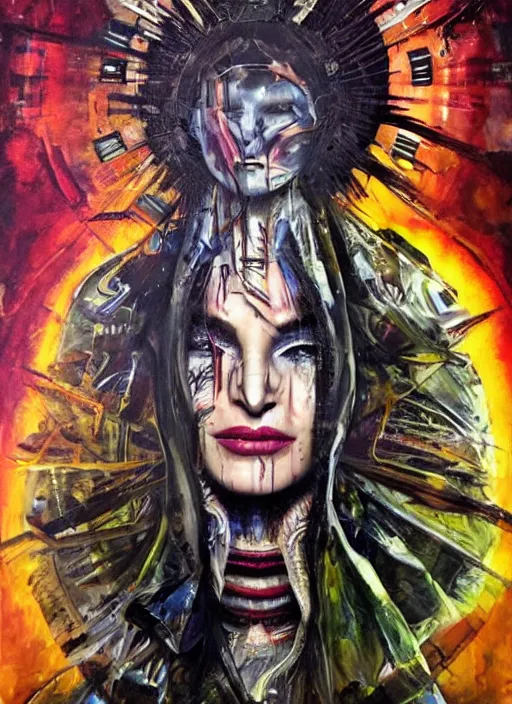 Image similar to gorgeous magic cult psychic woman smiling, third eye, energetic consciousness psychedelic, epic surrealism expressionism symbolism, story telling, iconic, dark robed, oil painting, symmetrical face, dark myth mythos, by Sandra Chevrier , H R Giger, masterpiece cinematic composition, dramatic pose, beautiful lighting, sharp, details, hyper-detailed