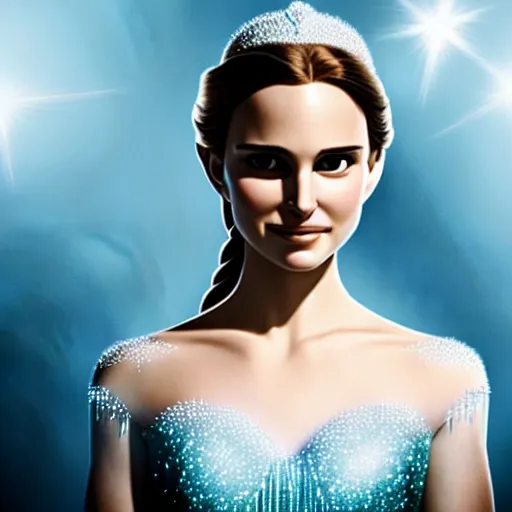 Image similar to princess elsa played by a young natalie portman with smooth skin and light blue eyes, ethereal, mystic, medium shot, detailed eyes, vivid, golden hour