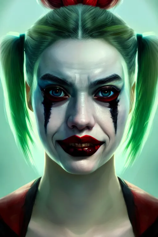 Image similar to ultra detailed close up facial portrait of harley quinn, green eyes, sharp bone structure, extremely detailed digital painting, in the style of fenghua zhong and ruan jia and jeremy lipking and peter mohrbacher, mystical colors, rim light, beautiful lighting, 8 k, stunning scene, raytracing, octane, trending on artstation