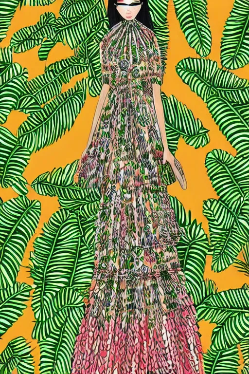 Image similar to melon colored dress, fashion illustration by eko nugroho, jungle background, finely detailed