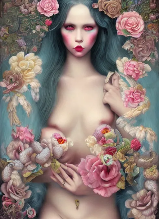 Image similar to pop surrealism, lowbrow art, realistic seductive cute woman painting, long hair, japanese shibari with flowers, hyper realism, muted colours, rococo, natalie shau, loreta lux, tom bagshaw, mark ryden, trevor brown style,