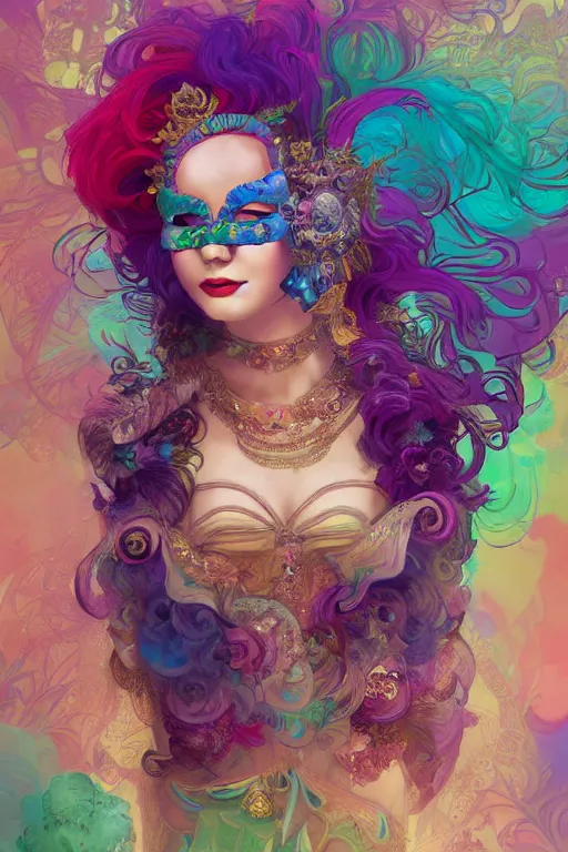 Image similar to woman in Venetian mask, profile, center of the universe, psychedelic, character concept, floating hair, gauzy dress, full body shot, many colors, colorful, all colors, highly saturated colors,, fantasy character, detailed illustration, hd, 4k, digital art, overdetailed art, concept art, Dan Mumford, Peter Mohrbacher, Alfons Mucha, Greg Rutkowski, trending on artstation