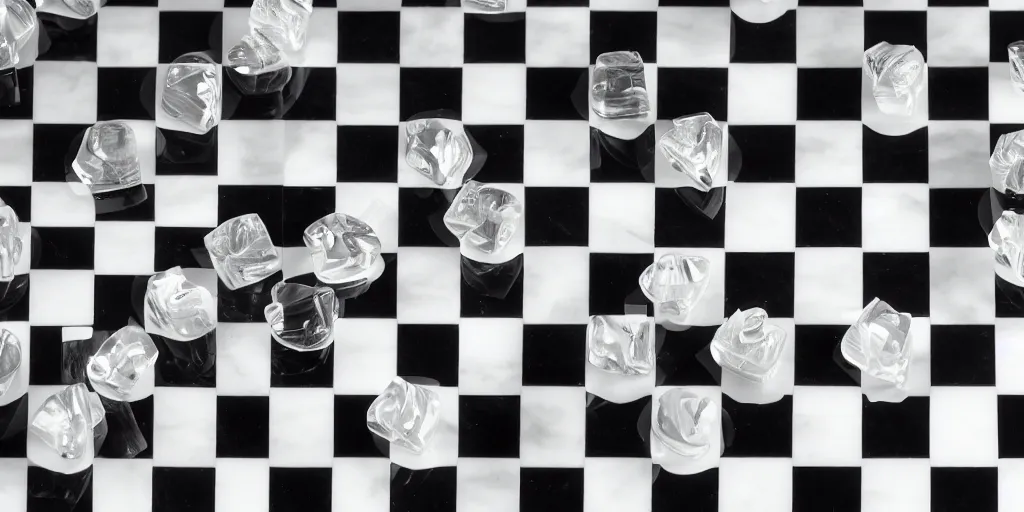 Prompt: Perspective shot of a polished marble Chessboard with closeup of rochade move, reflections, glossy lights, 4K, award winning studio photo