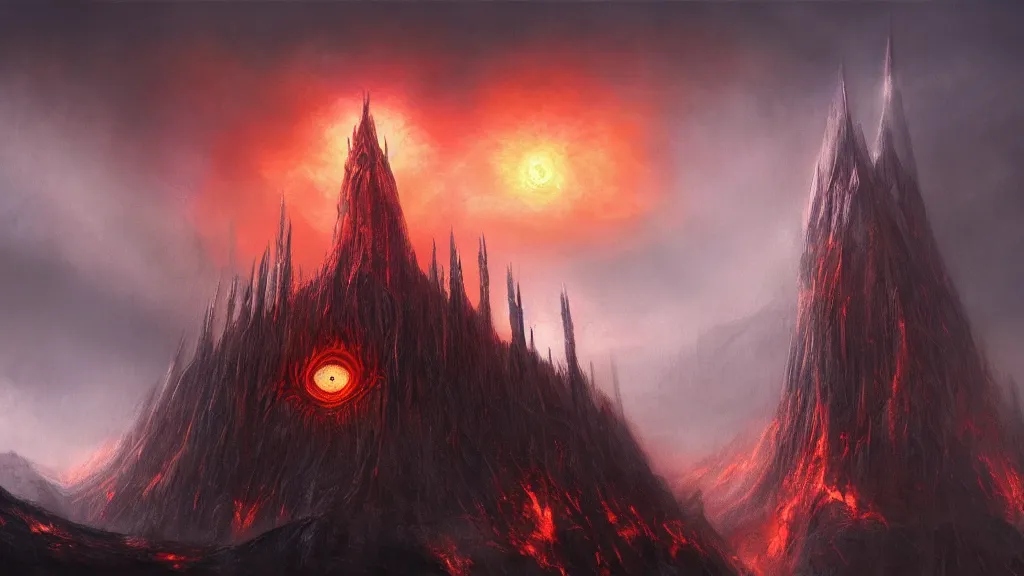 Image similar to flaming eye of sauron above the dark orc tower of barad - dur, by alan lee, michal karcz, smooth details, lord of the rings, game of thrones, smooth, detailed terrain, oil painting, trending artstation, concept art, fantasy matte painting