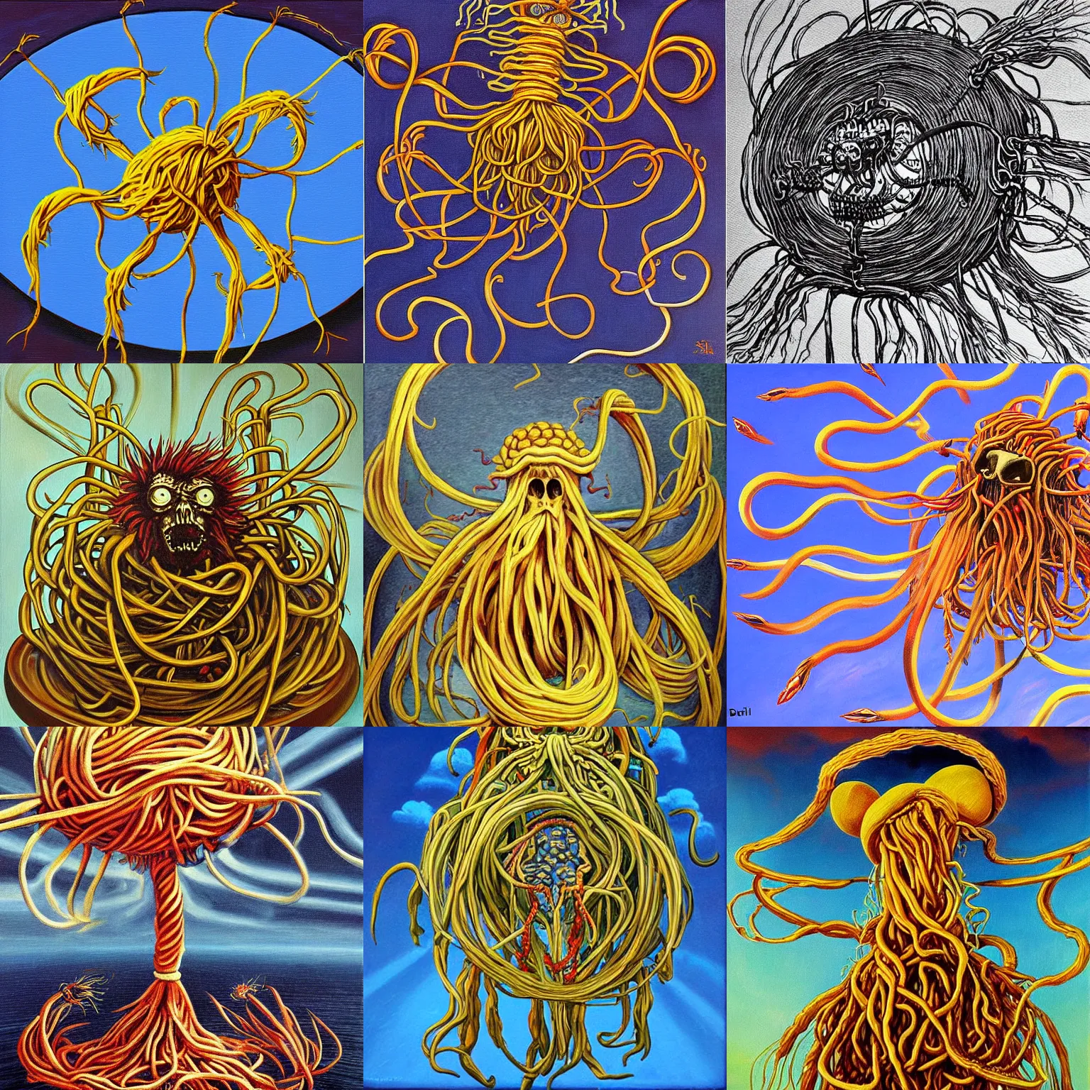 Prompt: flying spaghetti monster, painting by salvador dahli