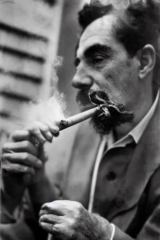 Image similar to a recent photograph of god smoking a cuban cigar by stanley kubrick