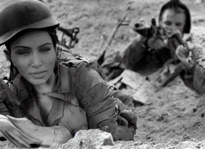 Image similar to a film still of kim kardashian as a soldier firing a rifle over a dirty trench with her bust lightly exposed. backround : warfield