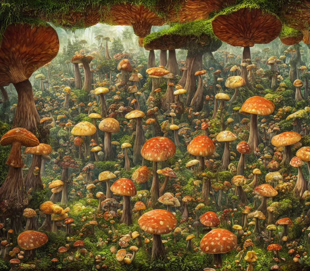 Prompt: A hyperrealistic detailed fantasy mixed media matte painting of a cottagecore lush grove with various giant mushrooms by Jacek Yerka and Karol Bak, colorful, surreal, whimsical, trending on artstation, morels, chanterelles, boletes.