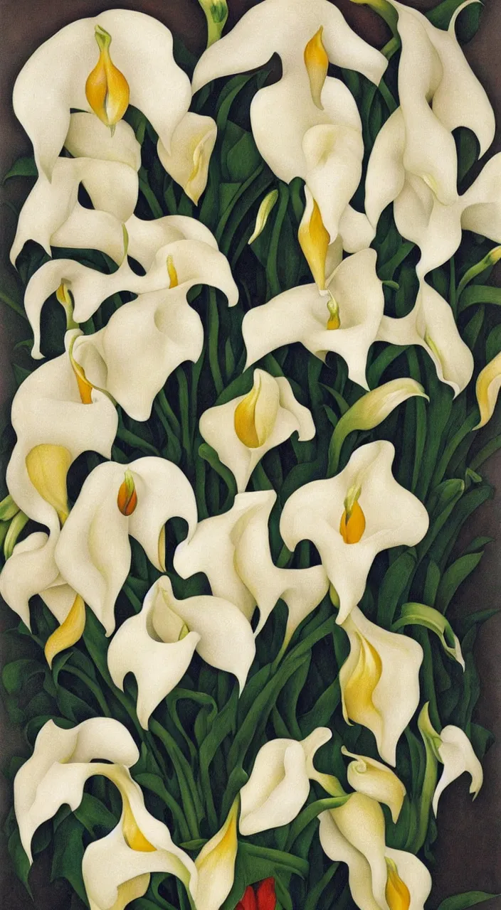 Image similar to portrait of a cream colored havanese dog with a bouquet of calla lillies, mexico, painting by diego rivera realism aztec modernism 1 9 3 5