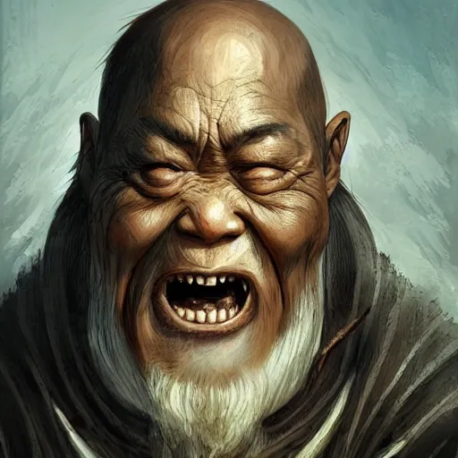 Prompt: crazy asian man as the caracter of lord of the ring by artgrem, greg rutkowski