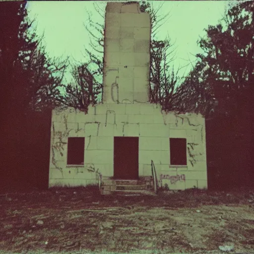 Image similar to occult sacrifice site in an abandoned school playground, dark and scary lighting, real photo taken with Polaroid camera