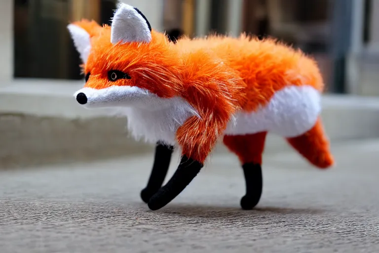 Prompt: A realistic fabric stuffed animal toy fox plushie sitting on the sidewalk and wagging its tail rapidly, dynamic, motion blur, 1/4 shutter speed, award winning photography