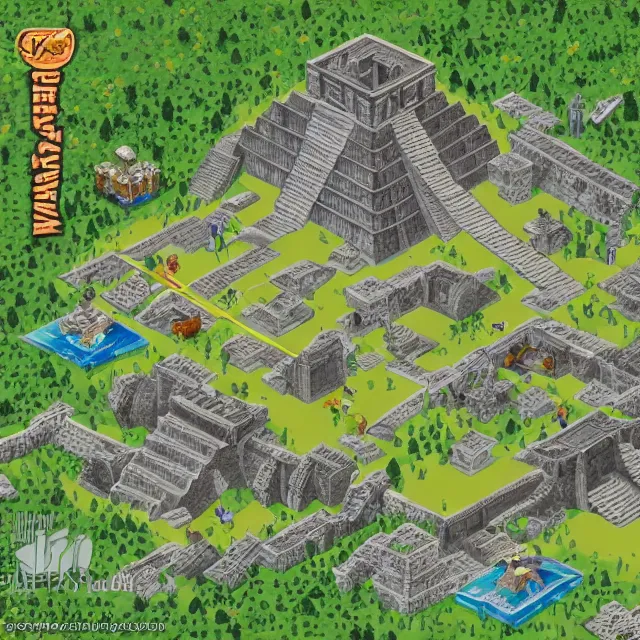 Image similar to an isometric game map of Tikal, Lost World Pyramid, Tikal Temple IV, Maya Temples